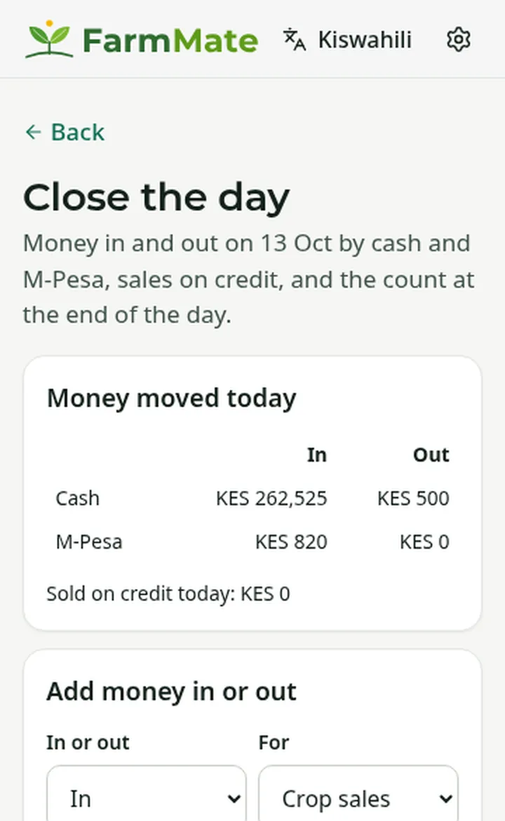FarmMate app screenshot: Cash close