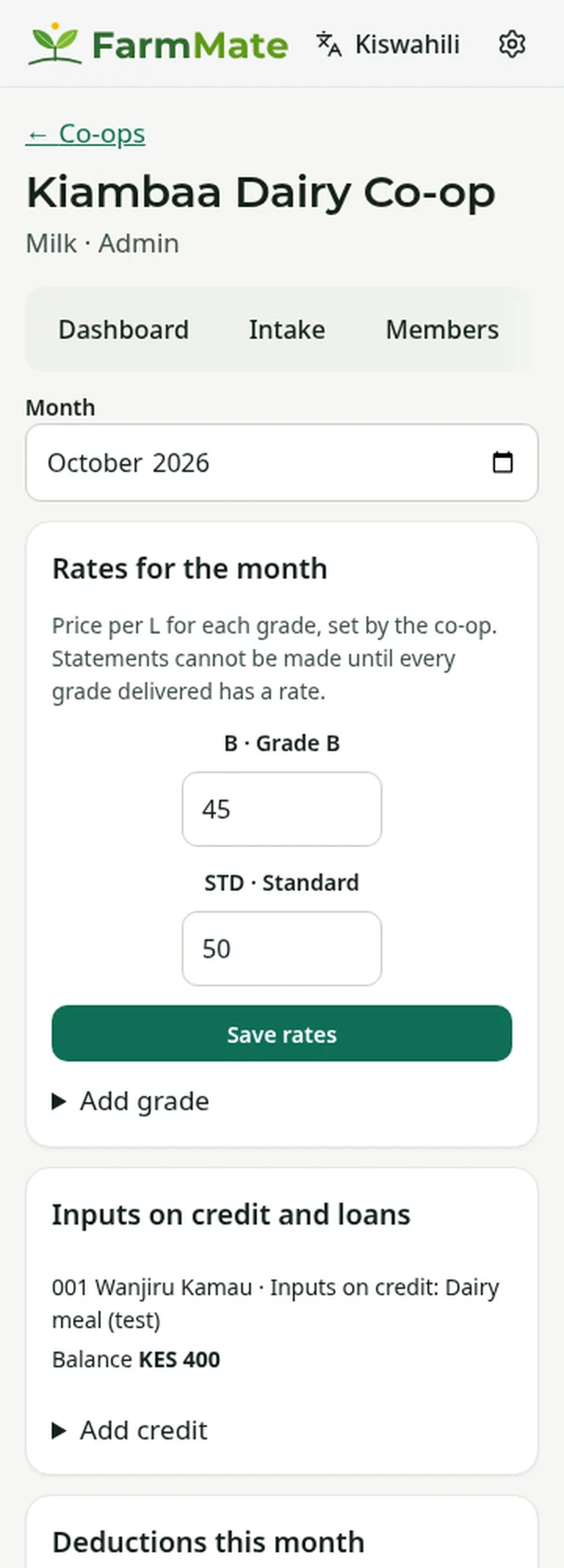 FarmMate app screenshot: Rates and deductions