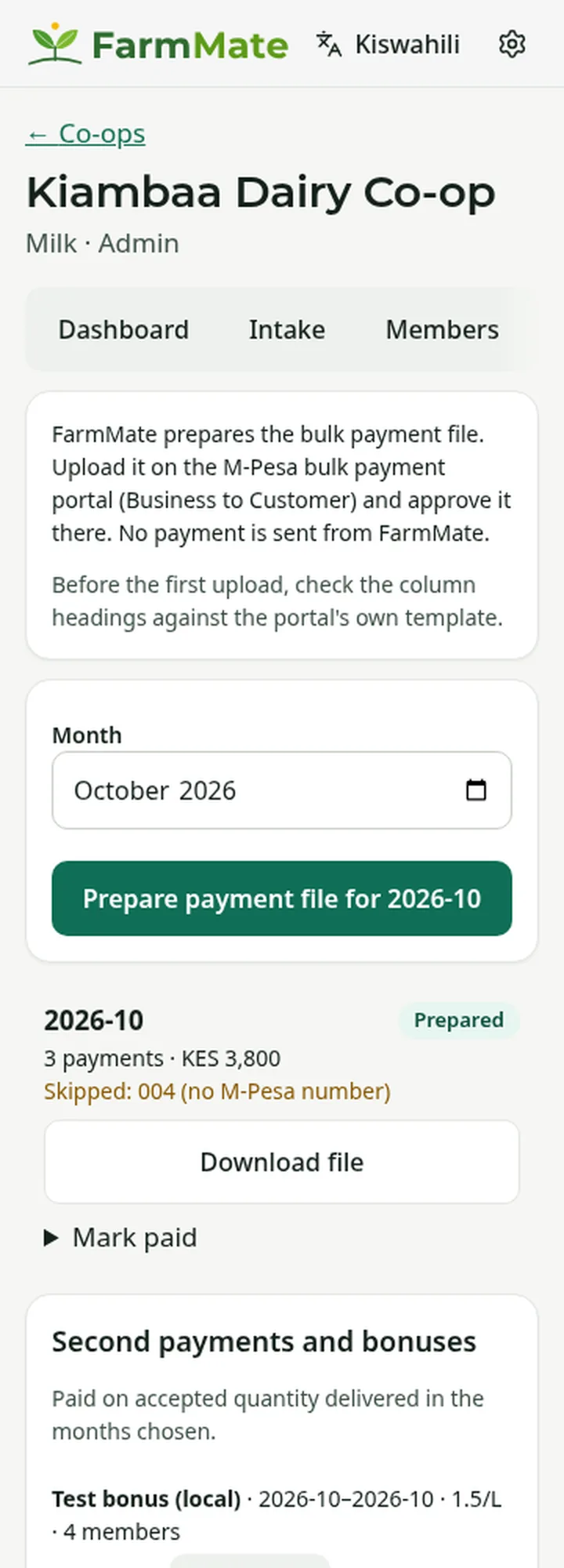FarmMate app screenshot: M-Pesa bulk payout file