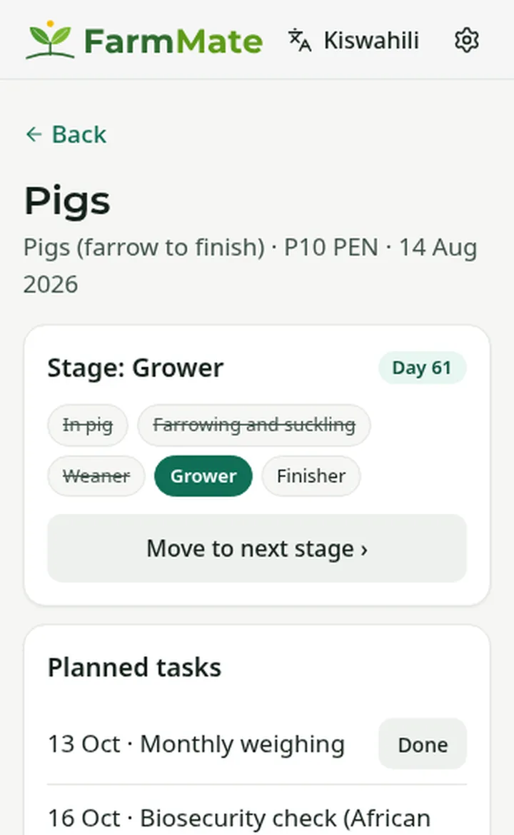 FarmMate app screenshot: Pigs