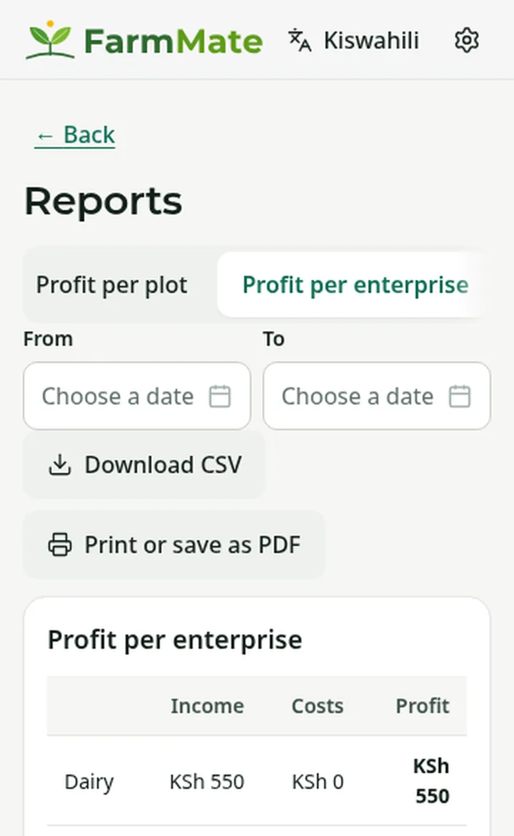 FarmMate app screenshot: Profit per enterprise