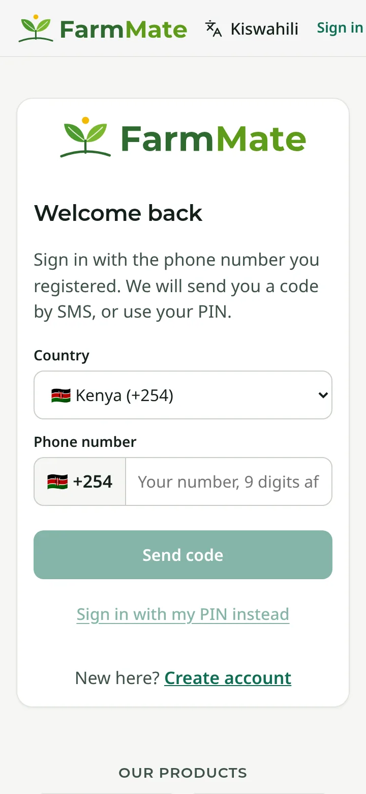FarmMate app screenshot: Welcome back: sign in