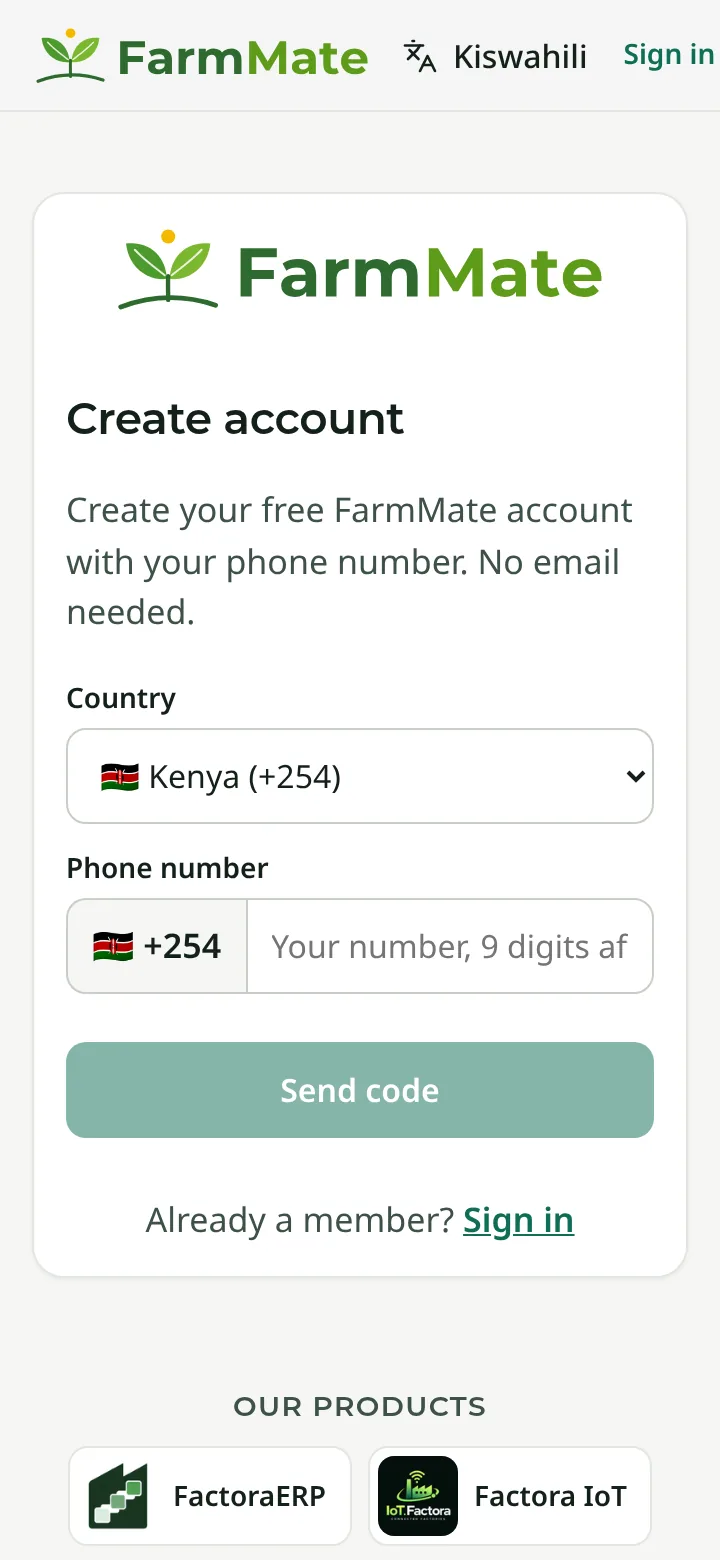 FarmMate app screenshot: Create account