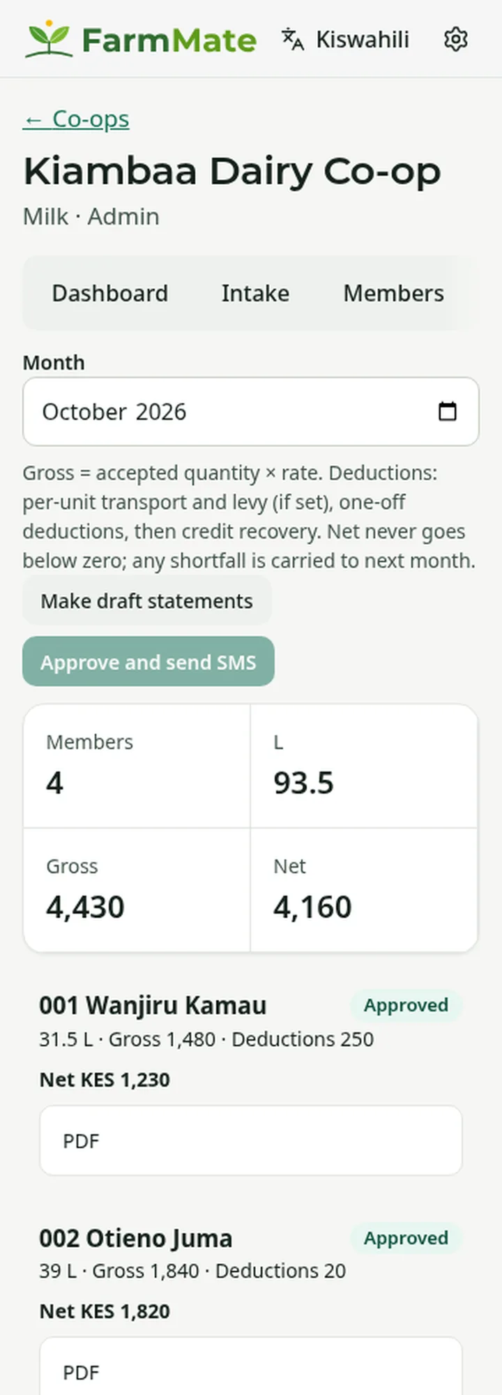 FarmMate app screenshot: Monthly statements