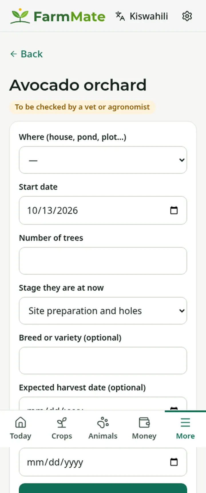 FarmMate app screenshot: Fruit and orchards
