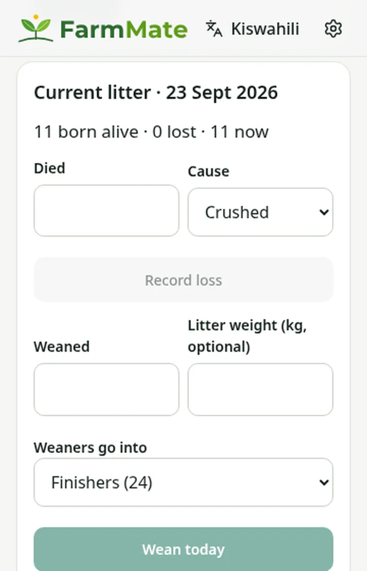 FarmMate app screenshot: Pigs